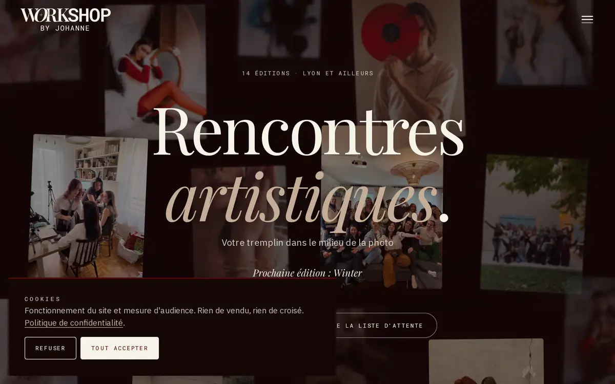 Le site d’aujourd’hui : un mur de photographies en fond sombre, le titre « Rencontres artistiques » en grandes lettres claires, et la mention « 14 éditions, Lyon et ailleurs ».