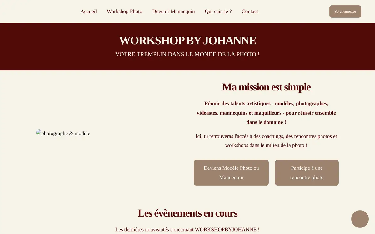 L’ancien site : un bandeau rouge sombre barré du titre « Workshop by Johanne » sur fond crème, un menu de cinq onglets, et une image qui ne s’affiche pas.